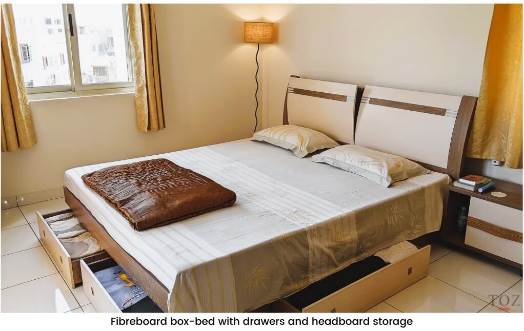 Fibreboard box-bed with drawers and headboard storage