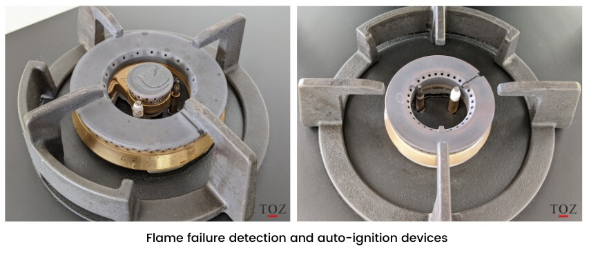 gas burner showing flame failure detection and auto-ignition devices