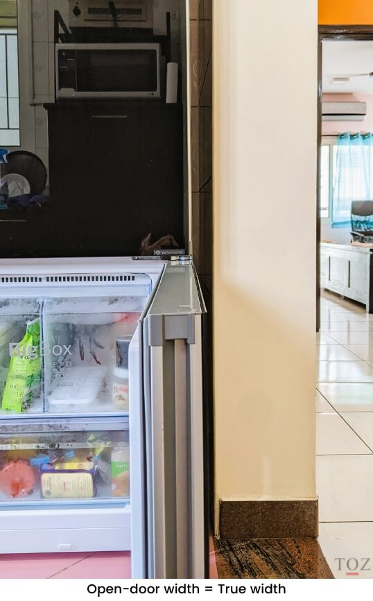 Refrigerator where open-door width is equal to true-width