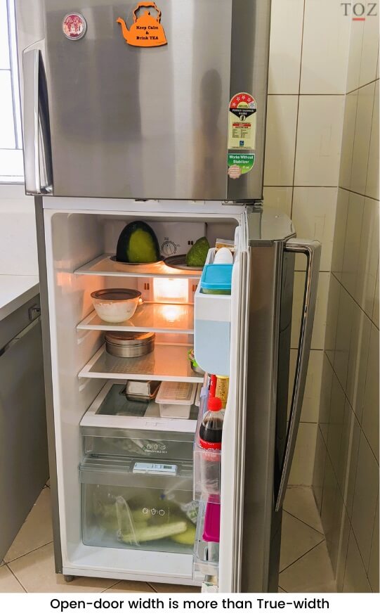 Refrigerator where open-door width is more than true-width